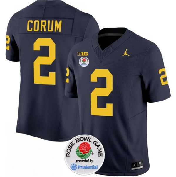 Men%27s Michigan Wolverines #2 Blake Corum 2023 F.U.S.E. Navy Blue Rose Bowl Patch Stitched Jersey Dzhi